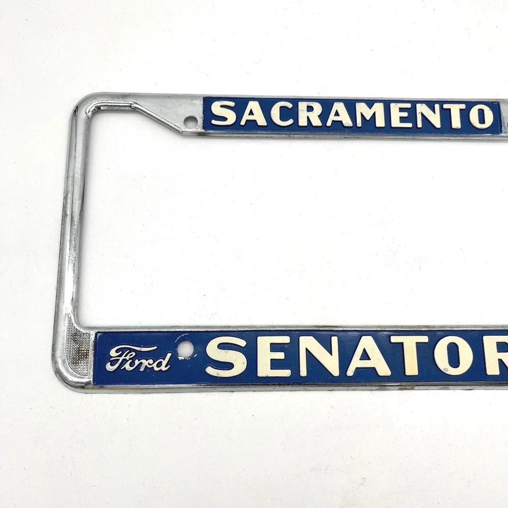 Vintage Sacramento Senator Ford License Plate Frame Chrome Blue White Metal